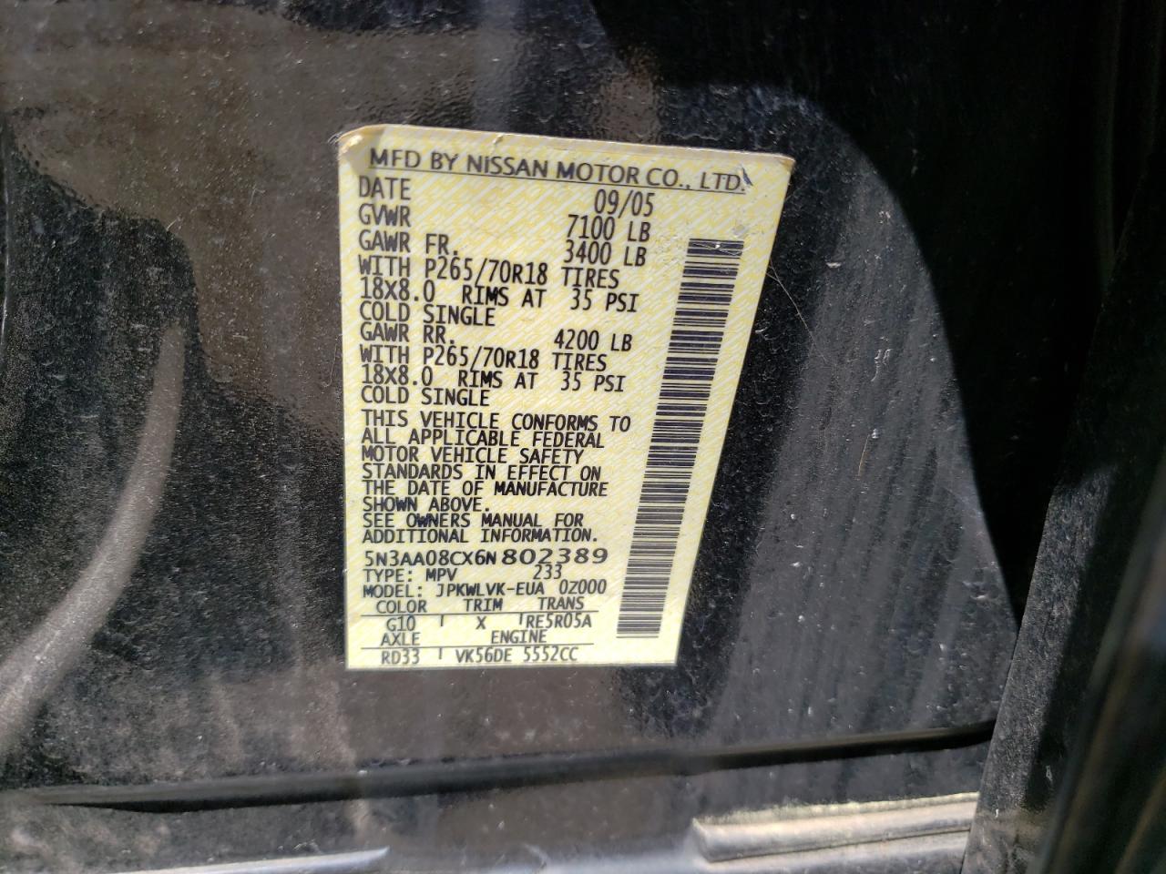 Photo 10 from auction – 2006 INFINITI QX56 with VIN 5N3AA08CX6N802389