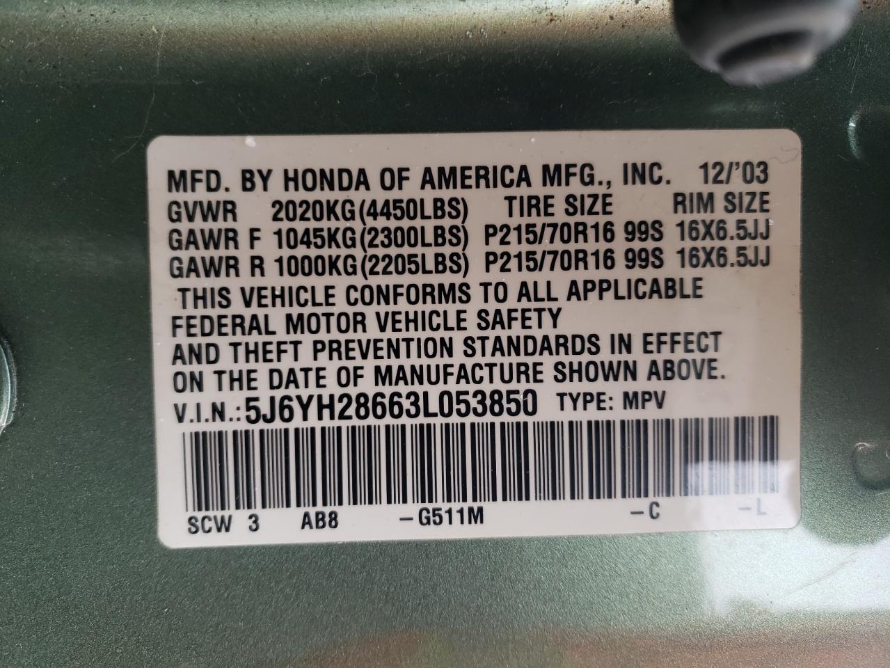 Photo 10 from auction – 2003 HONDA ELEMENT EX with VIN 5J6YH28663L053850