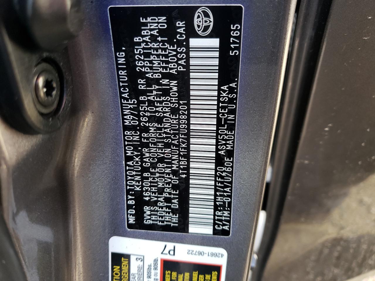 Photo 10 from auction – 2015 TOYOTA CAMRY LE with VIN 4T1BF1FK7FU998201