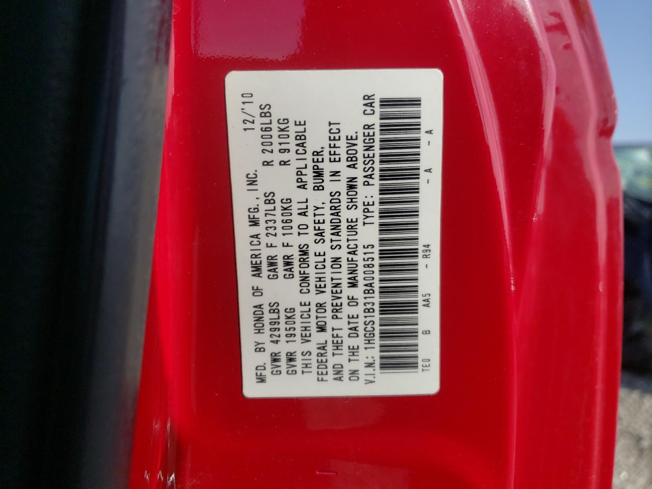 Photo 10 from auction – 2011 HONDA ACCORD LX- with VIN 1HGCS1B31BA008515