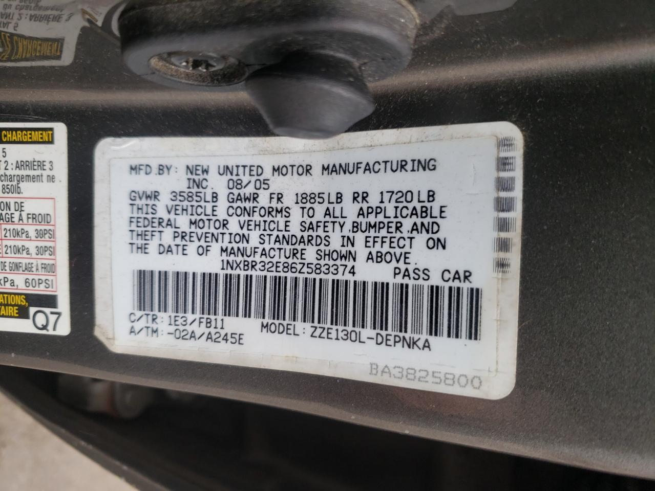 Photo 10 from auction – 2006 TOYOTA COROLLA CE with VIN 1NXBR32E86Z583374