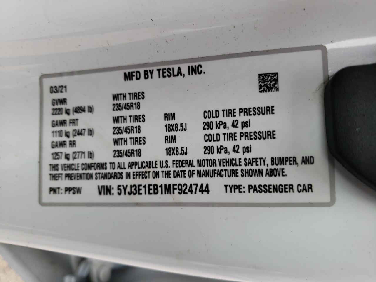 Photo 10 from auction – 2021 TESLA MODEL 3 with VIN 5YJ3E1EB1MF924744