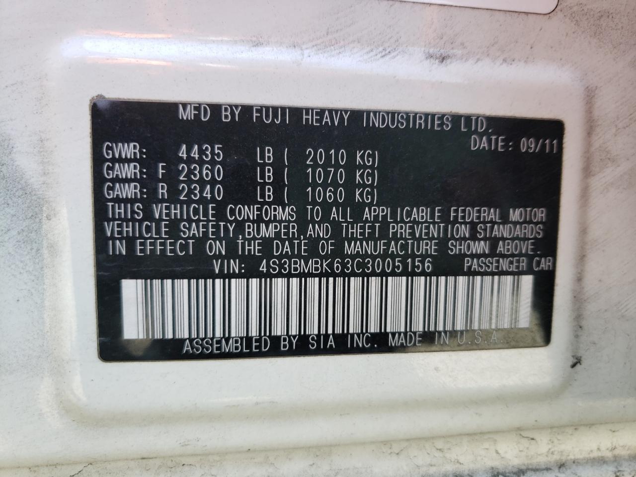 Photo 10 from auction – 2012 SUBARU LEGACY 2.5 with VIN 4S3BMBK63C3005156