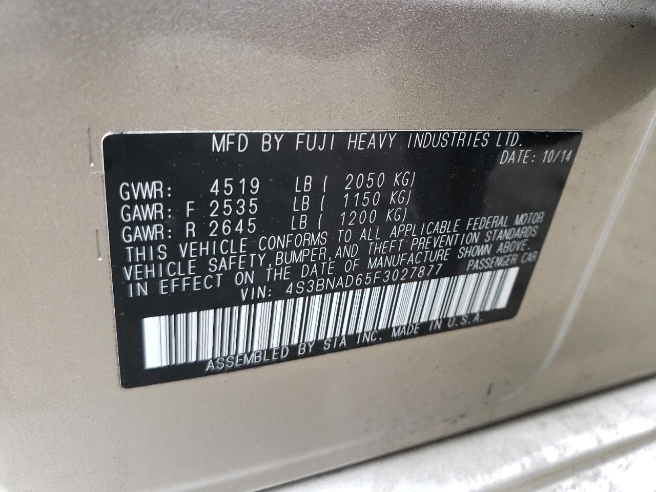 Photo 10 from auction – 2015 SUBARU LEGACY 2.5 with VIN 4S3BNAD65F3027877