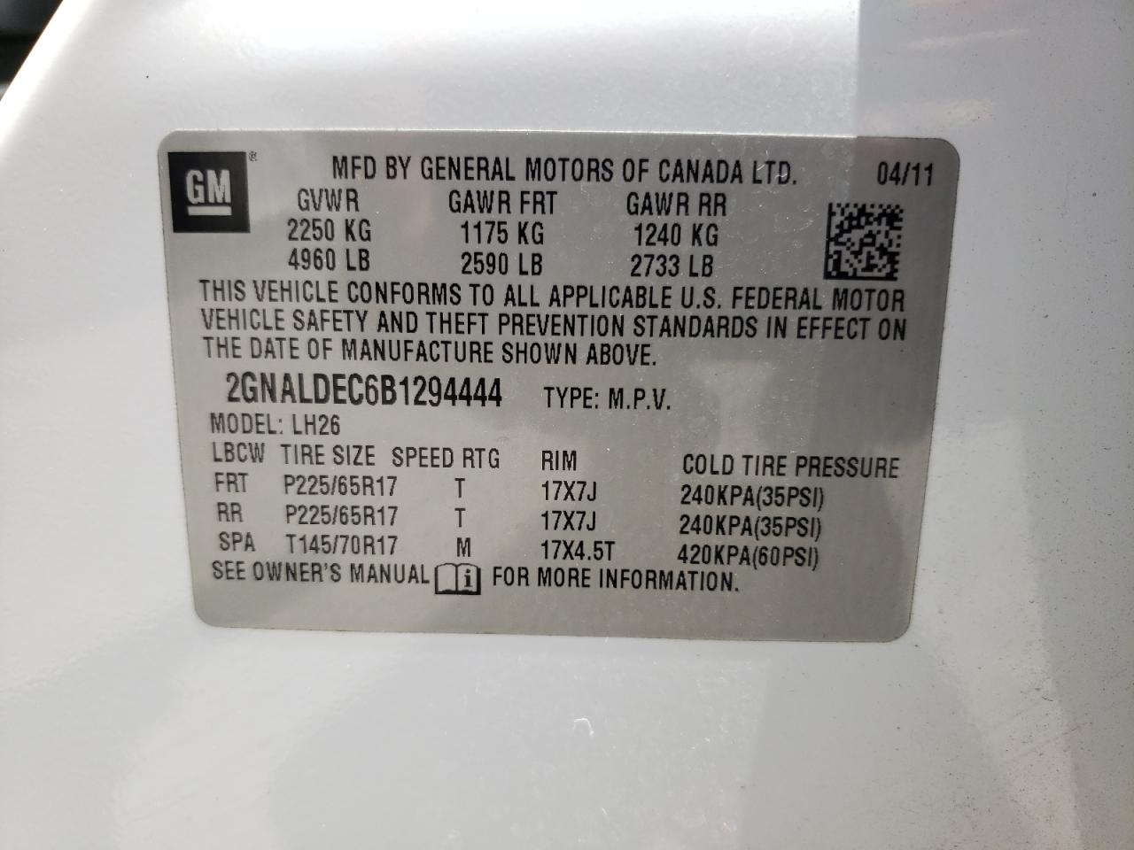 Photo 10 from auction – 2011 CHEVROLET EQUINOX LT with VIN 2GNALDEC6B1294444