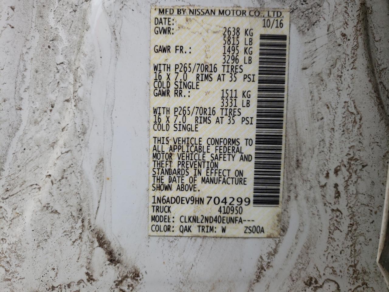 Photo 10 from auction – 2017 NISSAN FRONTIER S with VIN 1N6AD0EV9HN704299