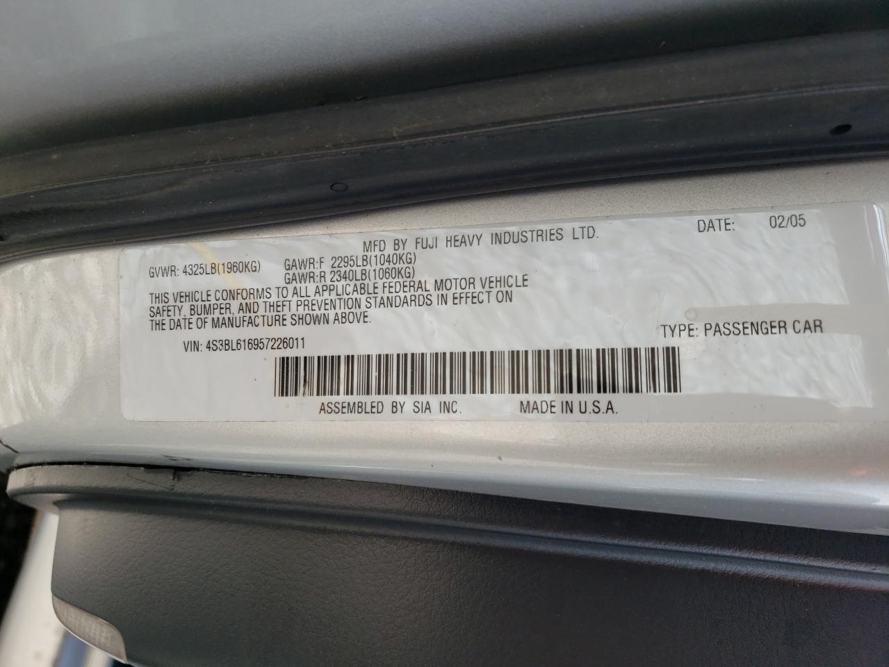 Photo 10 from auction – 2005 SUBARU LEGACY 2.5 with VIN 4S3BL616957226011