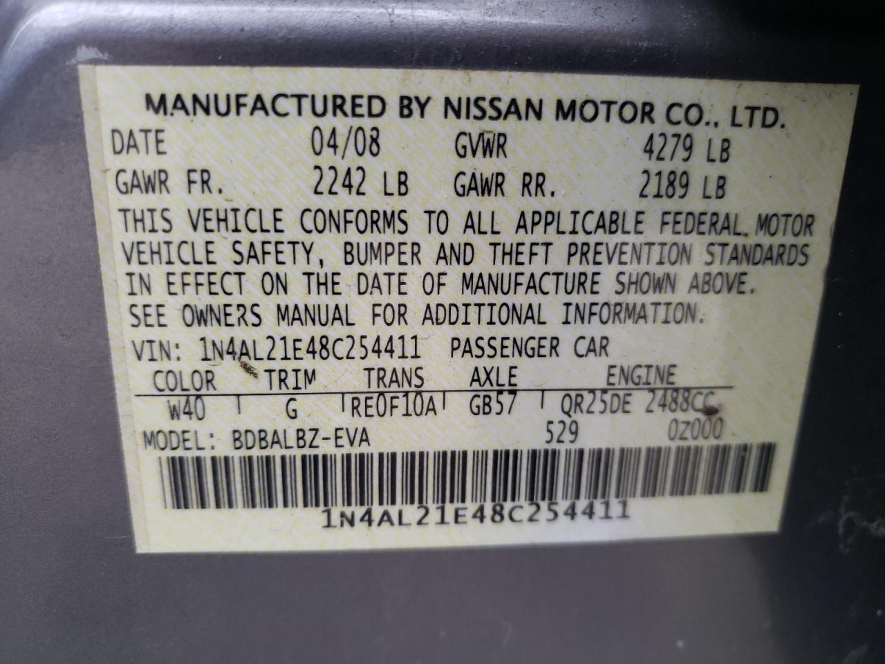Photo 10 from auction – 2008 NISSAN ALTIMA 2.5 with VIN 1N4AL21E48C254411