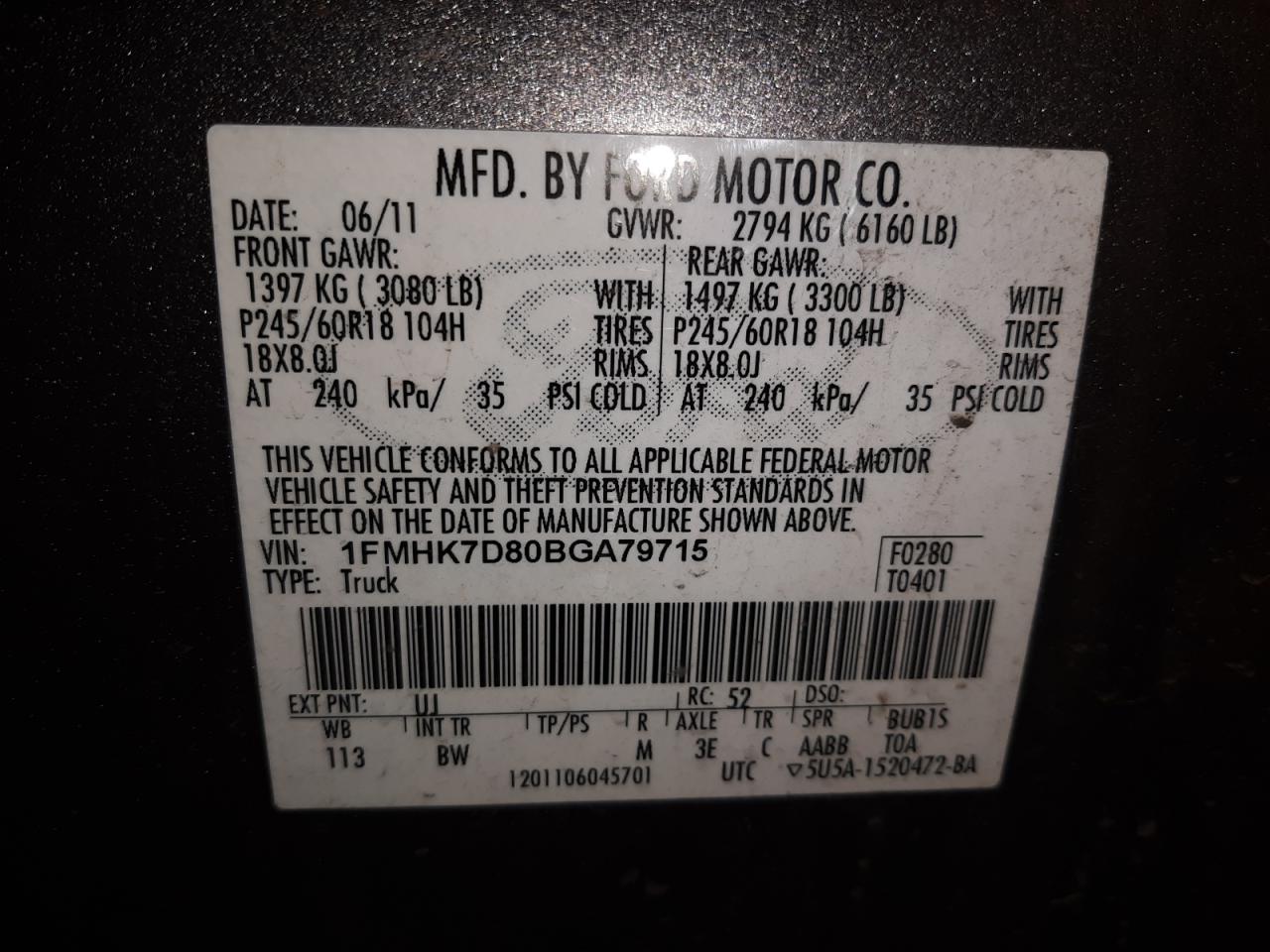 Photo 10 from auction – 2011 FORD EXPLORER X with VIN 1FMHK7D80BGA79715