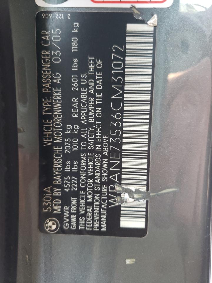 Photo 10 from auction – 2006 BMW 530 I with VIN WBANE73536CM31072