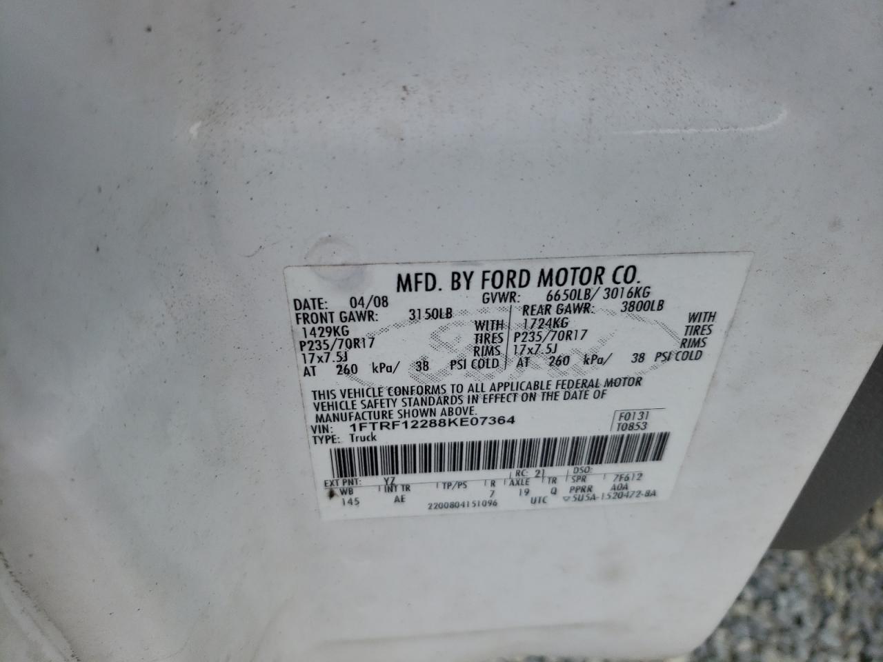 Photo 10 from auction – 2008 FORD F150 with VIN 1FTRF12288KE07364