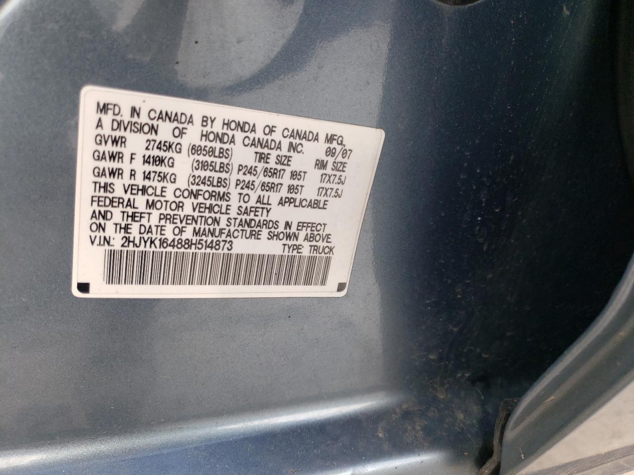 Photo 10 from auction – 2008 HONDA RIDGELINE with VIN 2HJYK16488H514873