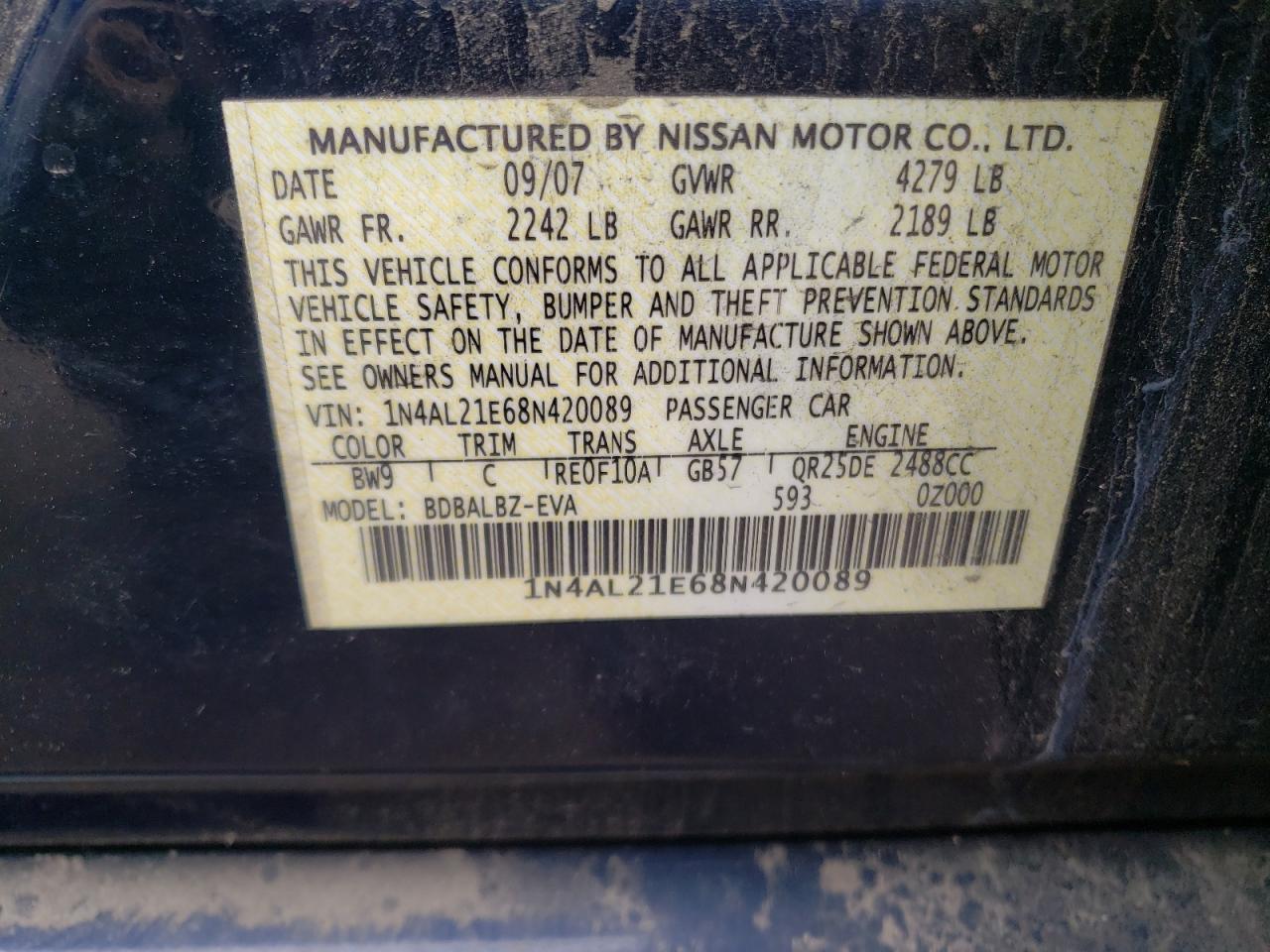 Photo 10 from auction – 2008 NISSAN ALTIMA 2.5 with VIN 1N4AL21E68N420089