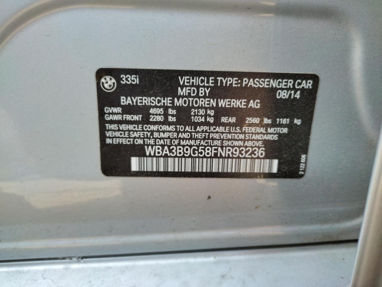 Photo 10 from auction – 2015 BMW 335 XI with VIN WBA3B9G58FNR93236