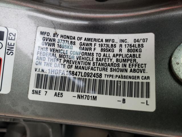 Photo 10 from auction – 2007 HONDA CIVIC EX with VIN 1HGFA16847L092458