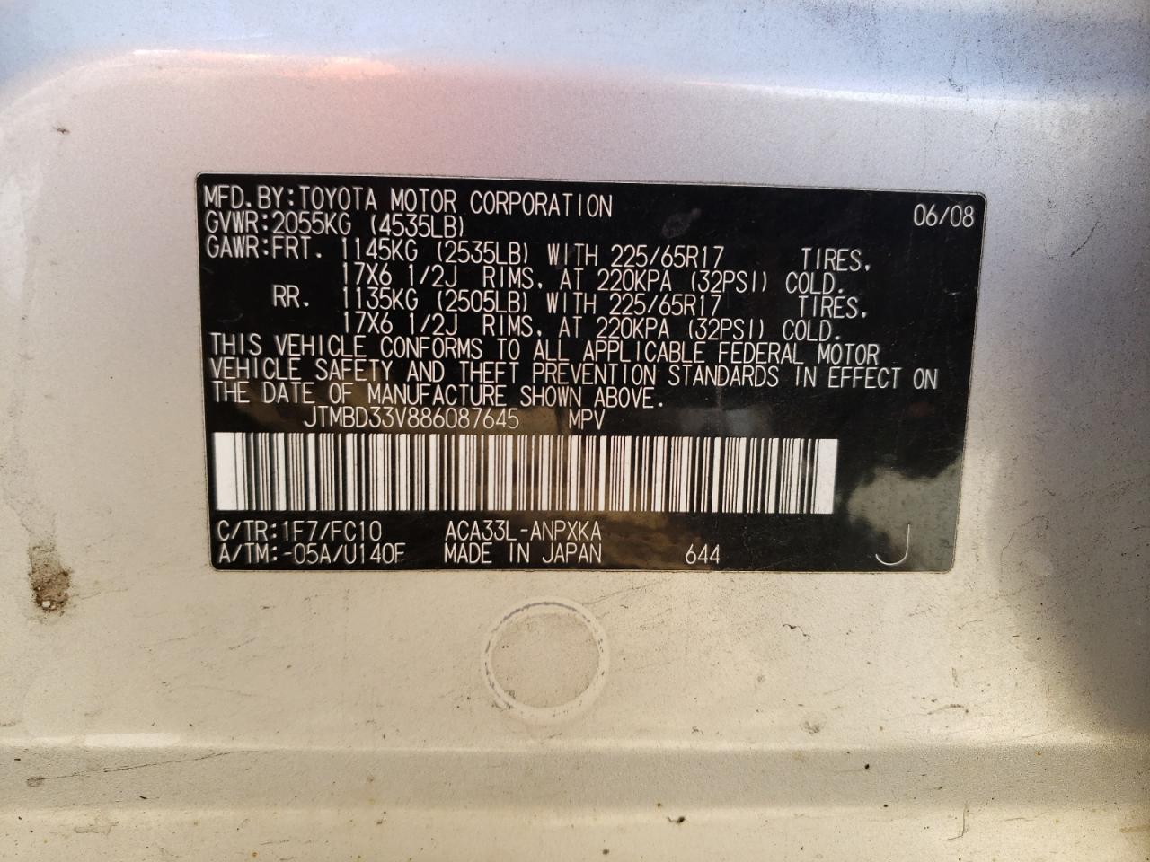 Photo 10 from auction – 2008 TOYOTA RAV4 with VIN JTMBD33V886087645
