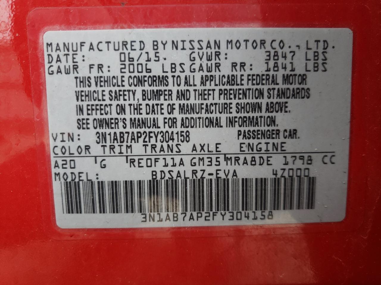 Photo 10 from auction – 2015 NISSAN SENTRA S with VIN 3N1AB7AP2FY304158