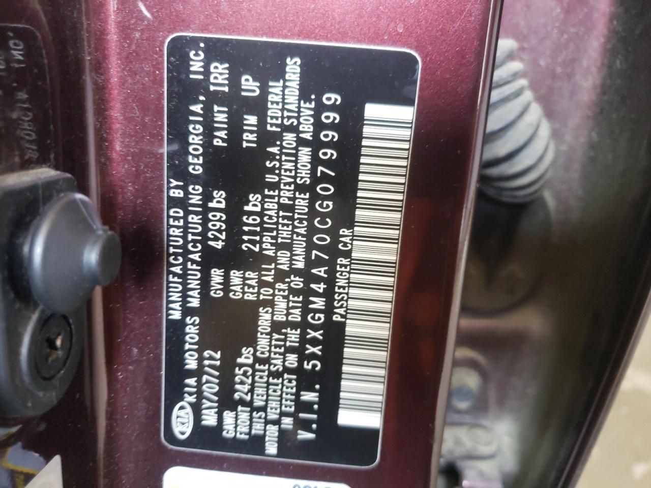 Photo 10 from auction – 2012 KIA OPTIMA LX with VIN 5XXGM4A70CG079999