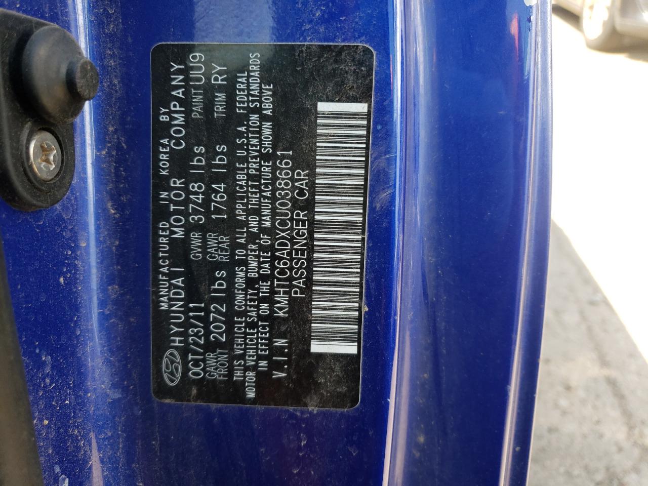 Photo 10 from auction – 2012 HYUNDAI VELOSTER with VIN KMHTC6ADXCU038661