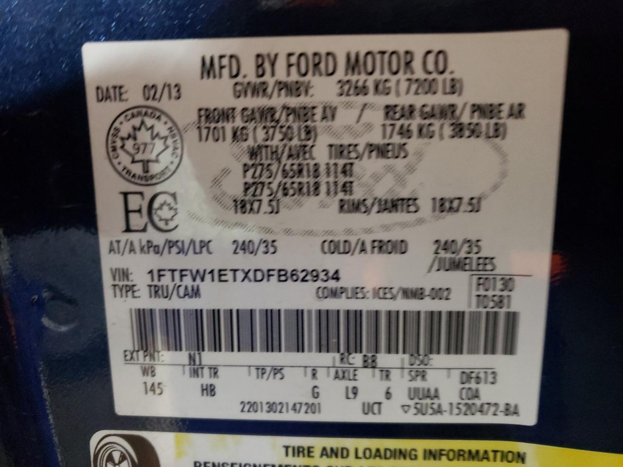 Photo 10 from auction – 2013 FORD F150 SUPER with VIN 1FTFW1ETXDFB62934