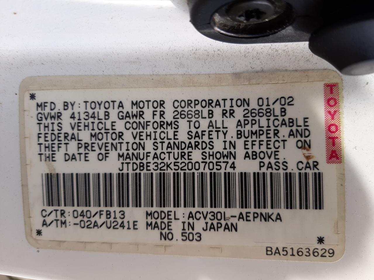 Photo 10 from auction – 2002 TOYOTA CAMRY LE with VIN JTDBE32K520070574