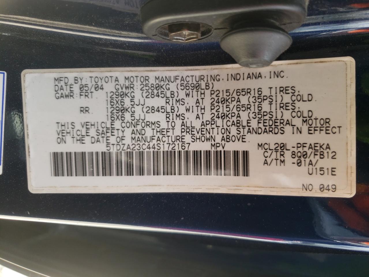 Photo 10 from auction – 2004 TOYOTA SIENNA CE with VIN 5TDZA23C44S172167