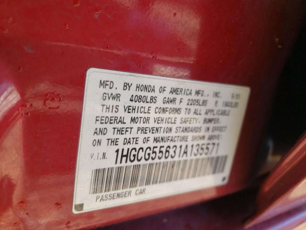 Photo 10 from auction – 2001 HONDA ACCORD with VIN 1HGCG55631A135571