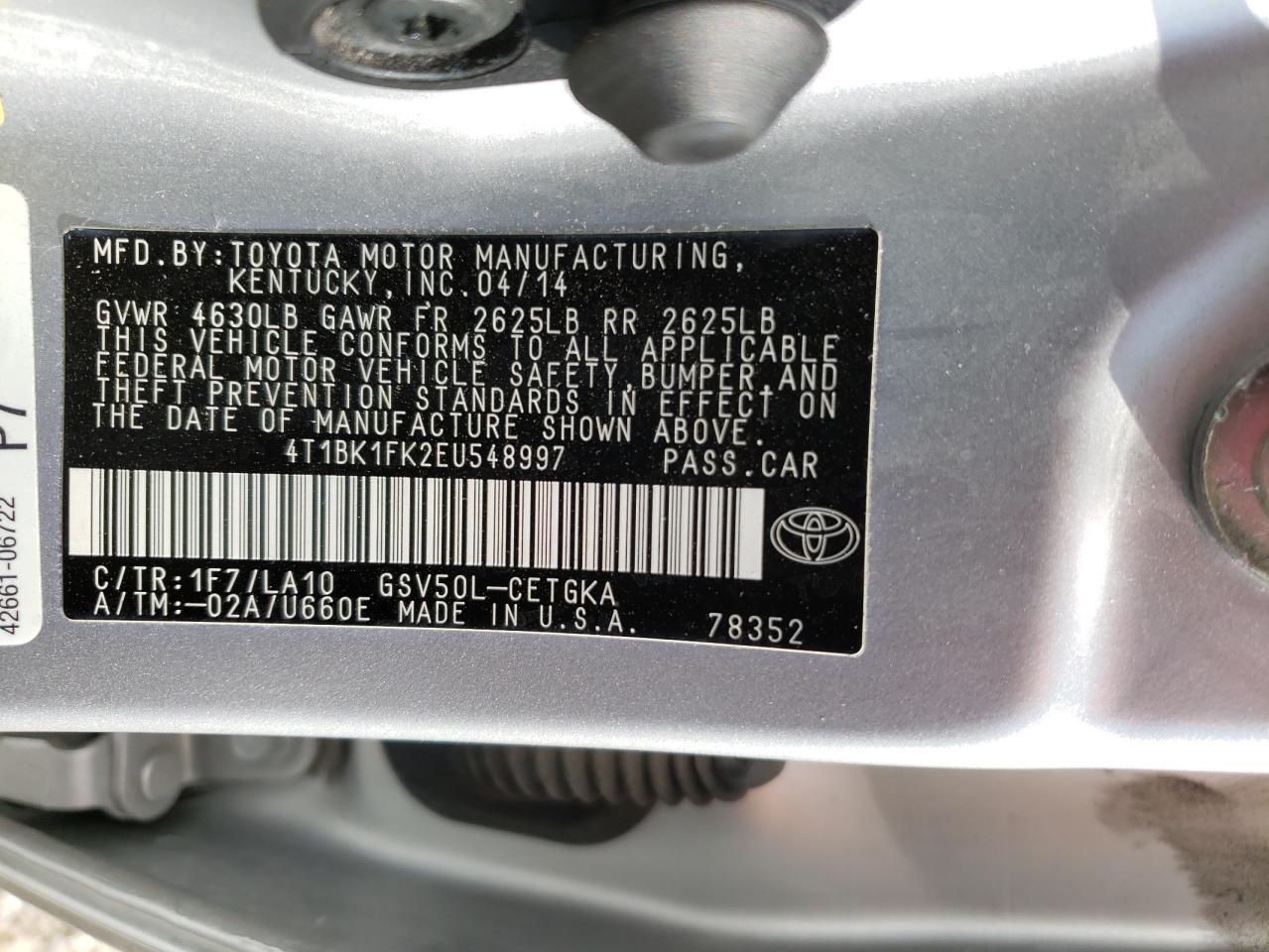 Photo 10 from auction – 2014 TOYOTA CAMRY SE with VIN 4T1BK1FK2EU548997