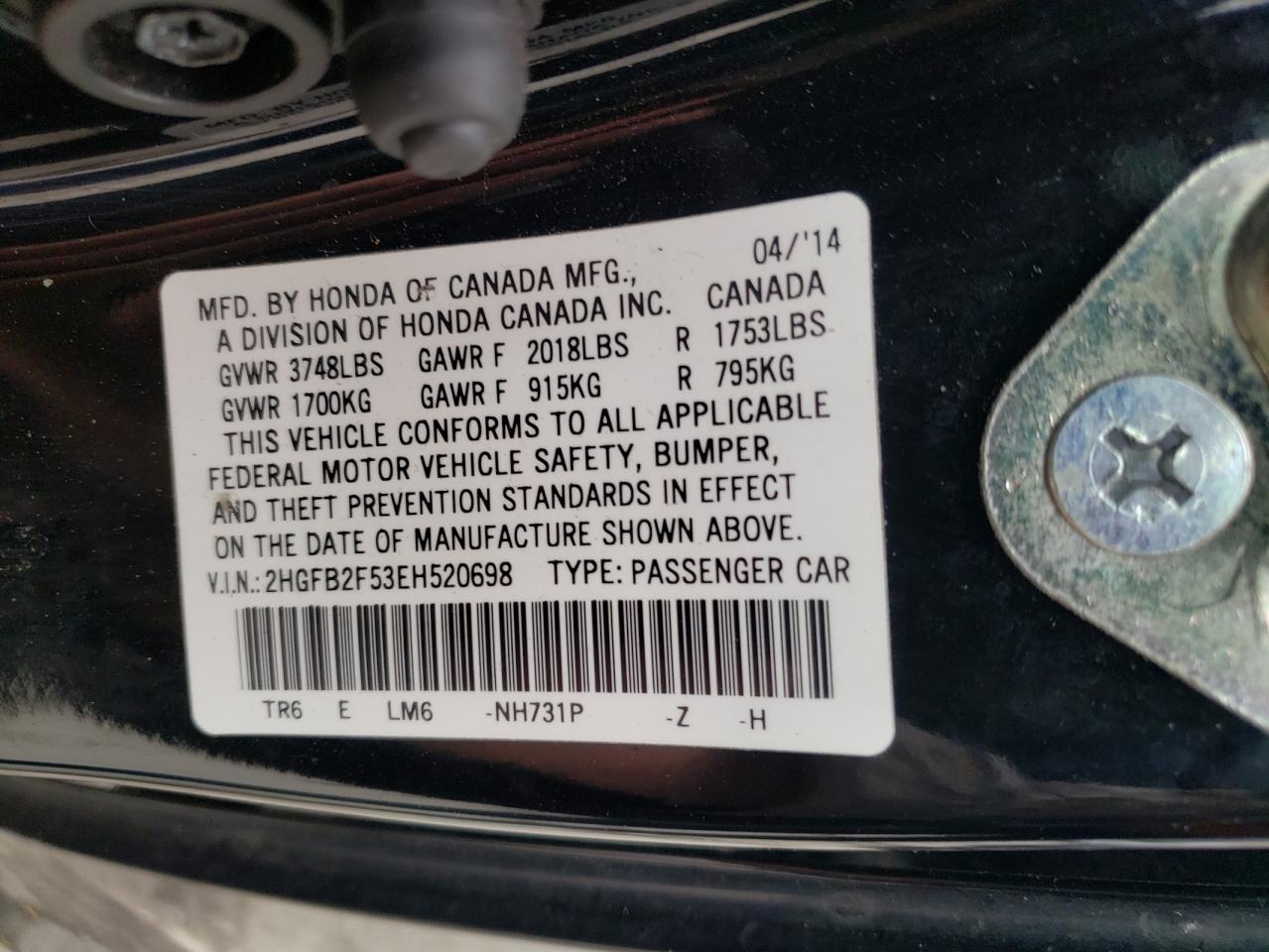 Photo 10 from auction – 2014 HONDA CIVIC LX with VIN 2HGFB2F53EH520698
