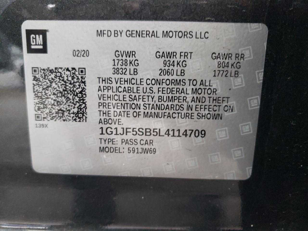 Photo 10 from auction – 2020 CHEVROLET SONIC PREM with VIN 1G1JF5SB5L4114709
