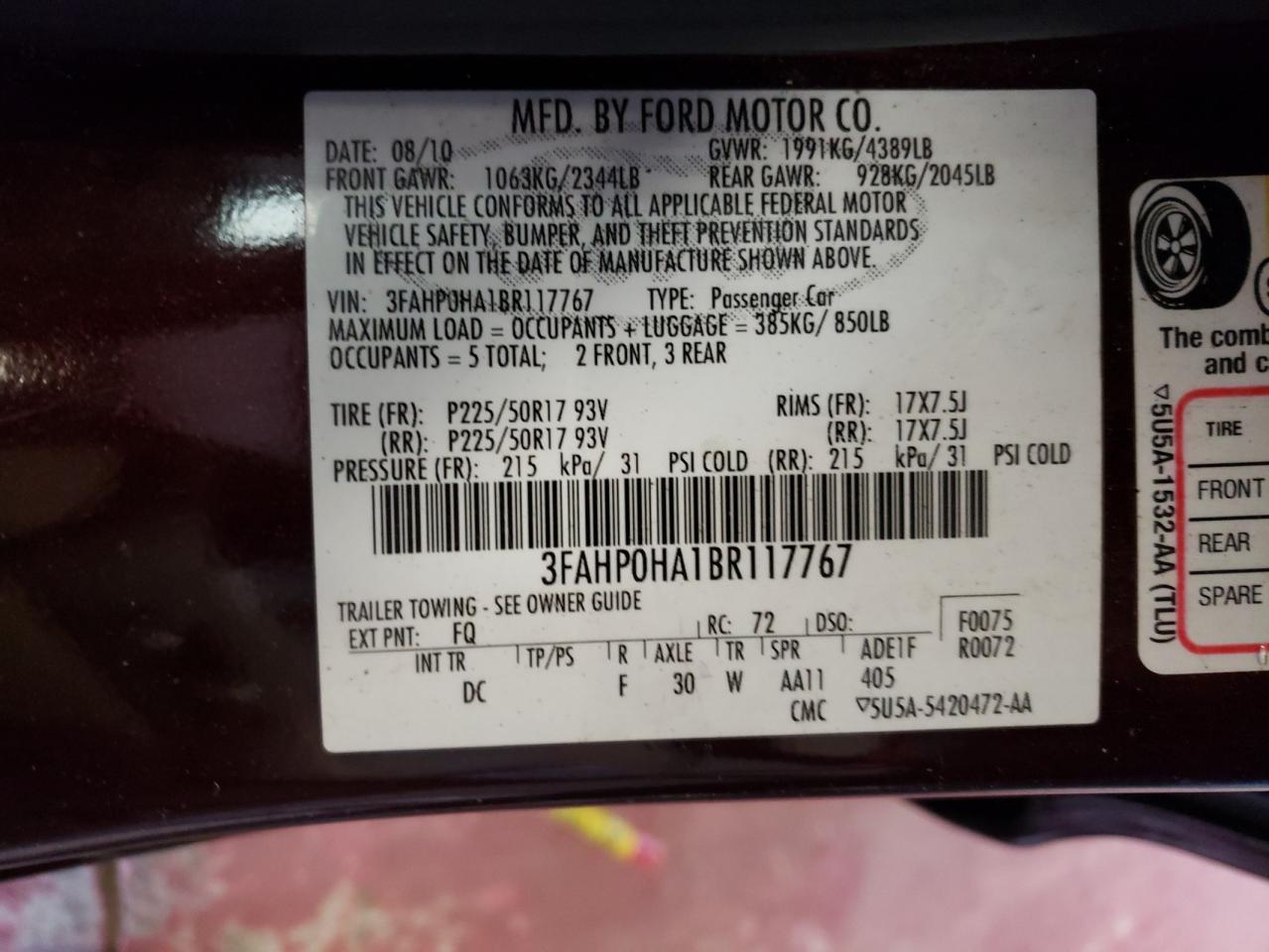 Photo 10 from auction – 2011 FORD FUSION SE with VIN 3FAHP0HA1BR117767