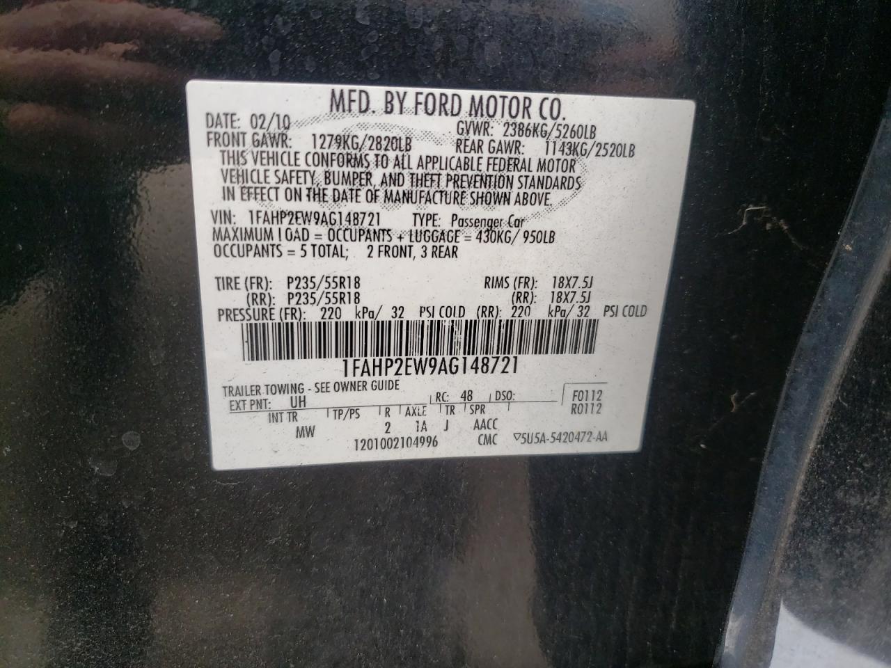 Photo 10 from auction – 2010 FORD TAURUS SEL with VIN 1FAHP2EW9AG148721