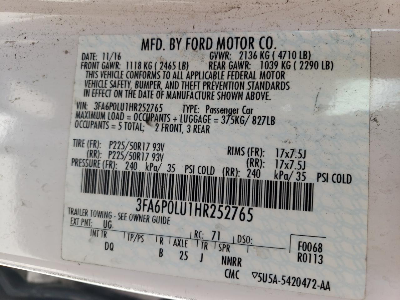 Photo 10 from auction – 2017 FORD FUSION SE with VIN 3FA6P0LU1HR252765