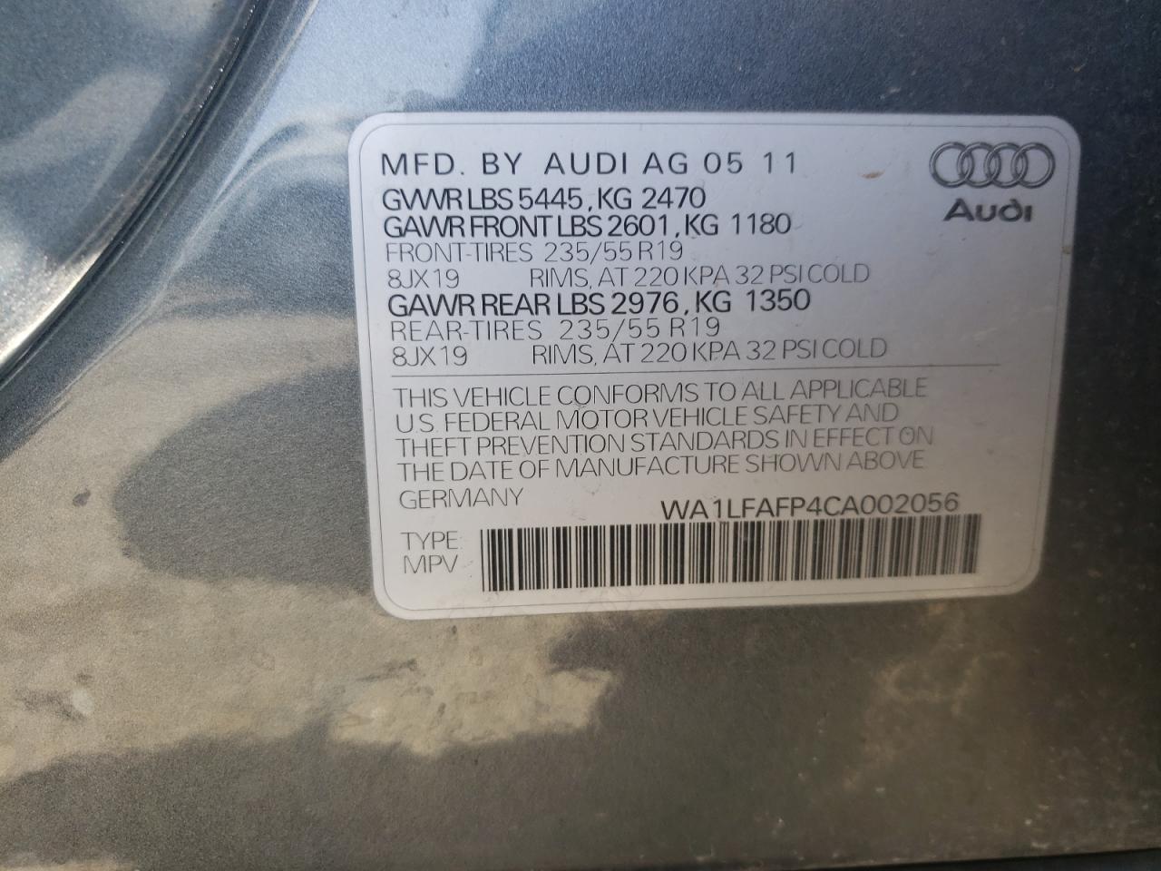 Photo 10 from auction – 2012 AUDI Q5 PREMIUM with VIN WA1LFAFP4CA002056