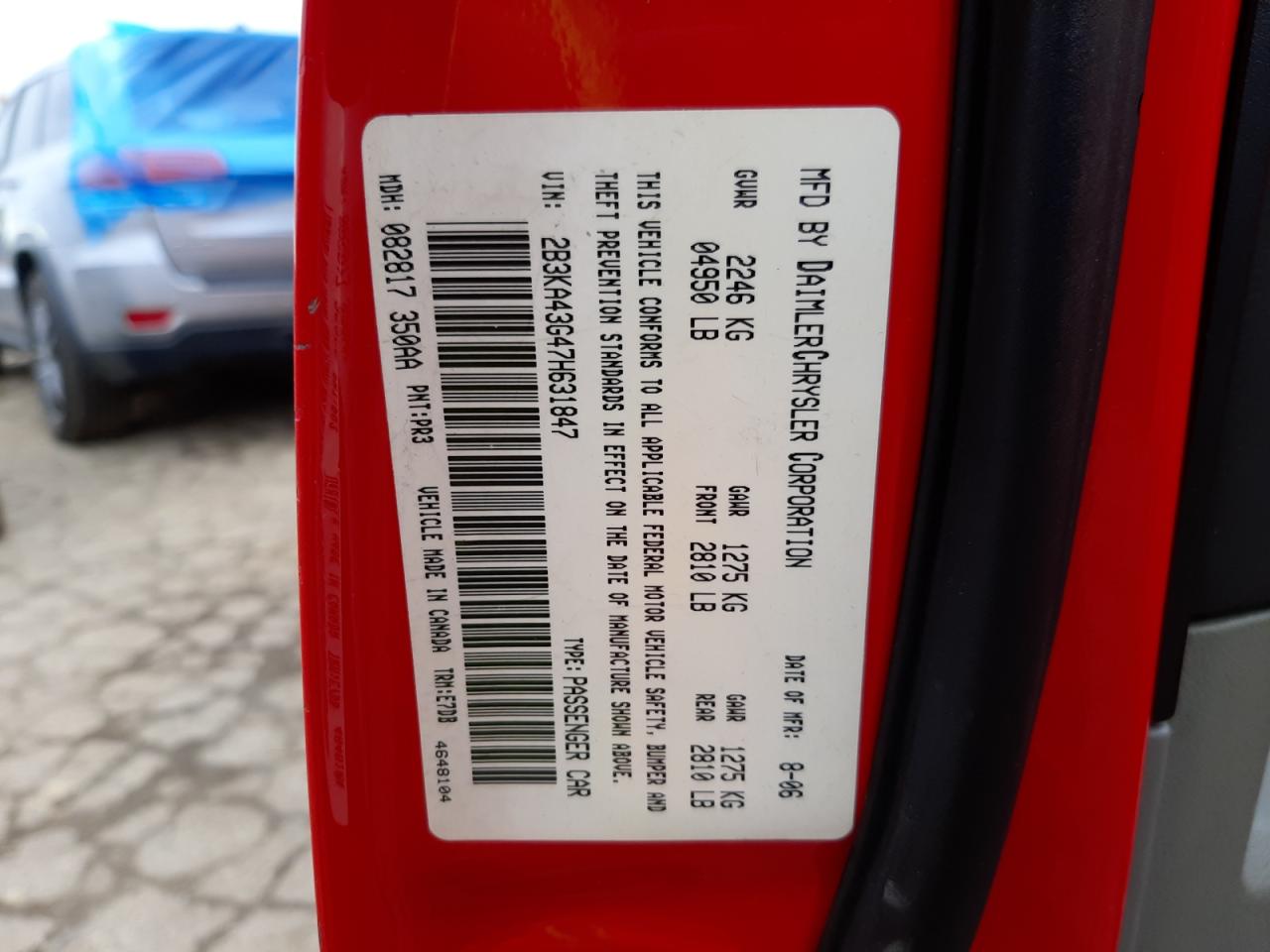 Photo 10 from auction – 2007 DODGE CHARGER SE with VIN 2B3KA43G47H631847