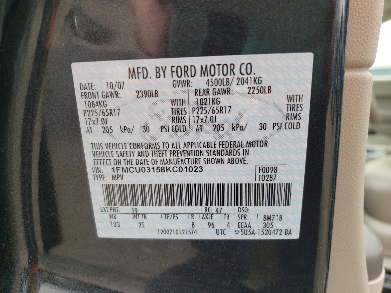 Photo 10 from auction – 2008 FORD ESCAPE XLT with VIN 1FMCU03158KC01023
