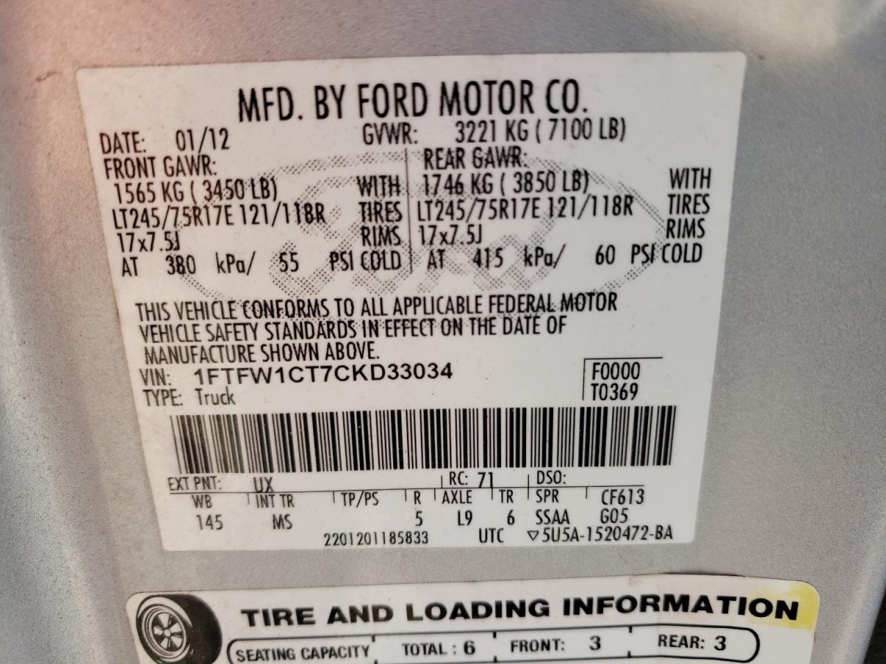 Photo 10 from auction – 2012 FORD F150 SUPER with VIN 1FTFW1CT7CKD33034