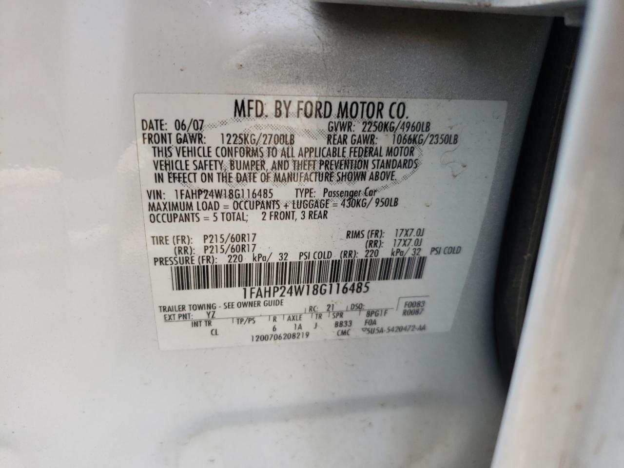 Photo 10 from auction – 2008 FORD TAURUS SEL with VIN 1FAHP24W18G116485