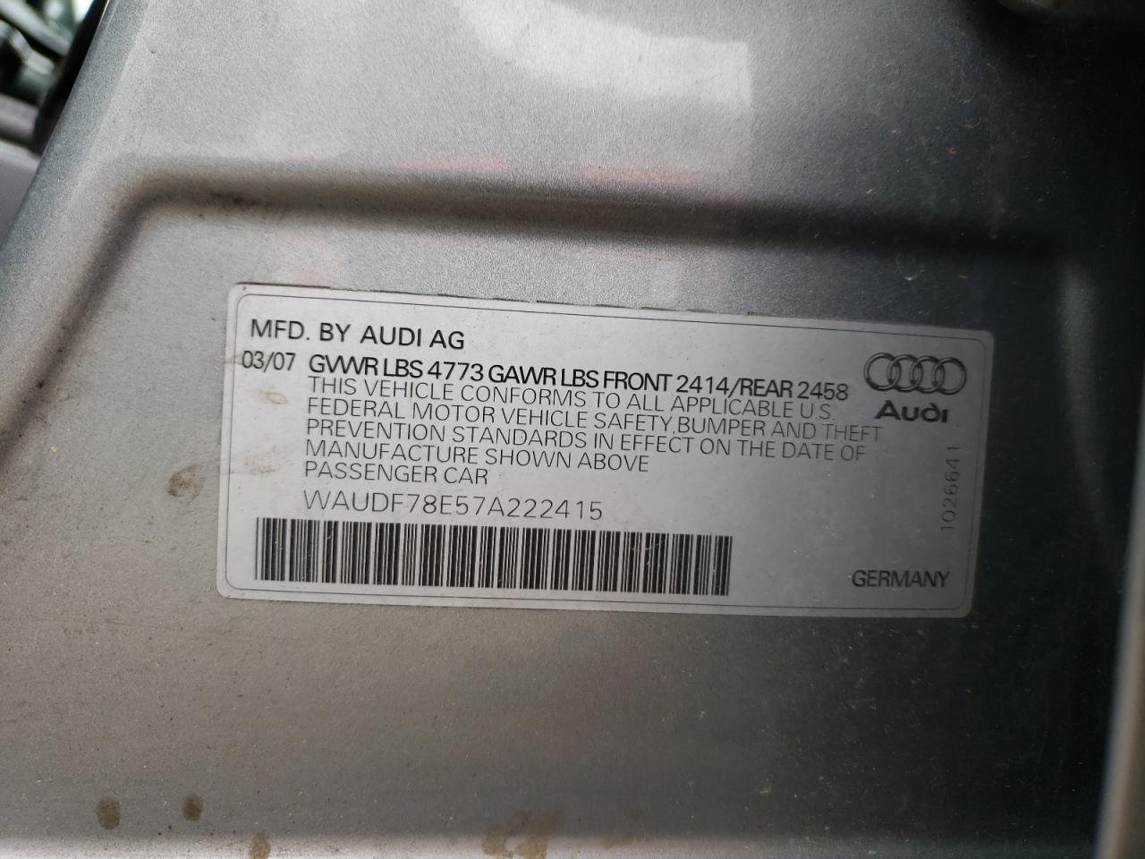 Photo 10 from auction – 2007 AUDI A4 2.0T QU with VIN WAUDF78E57A222415