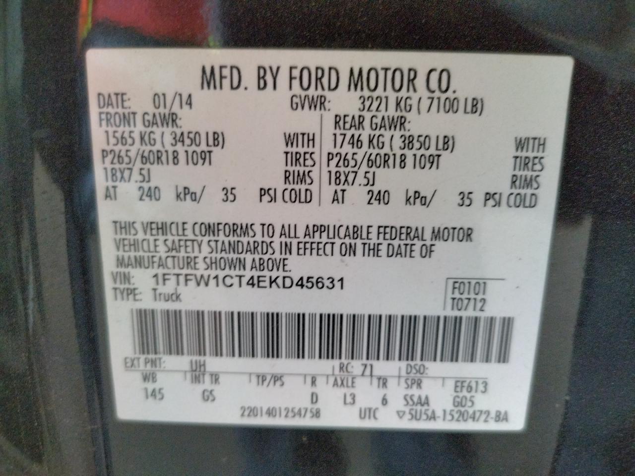 Photo 10 from auction – 2014 FORD F150 SUPER with VIN 1FTFW1CT4EKD45631