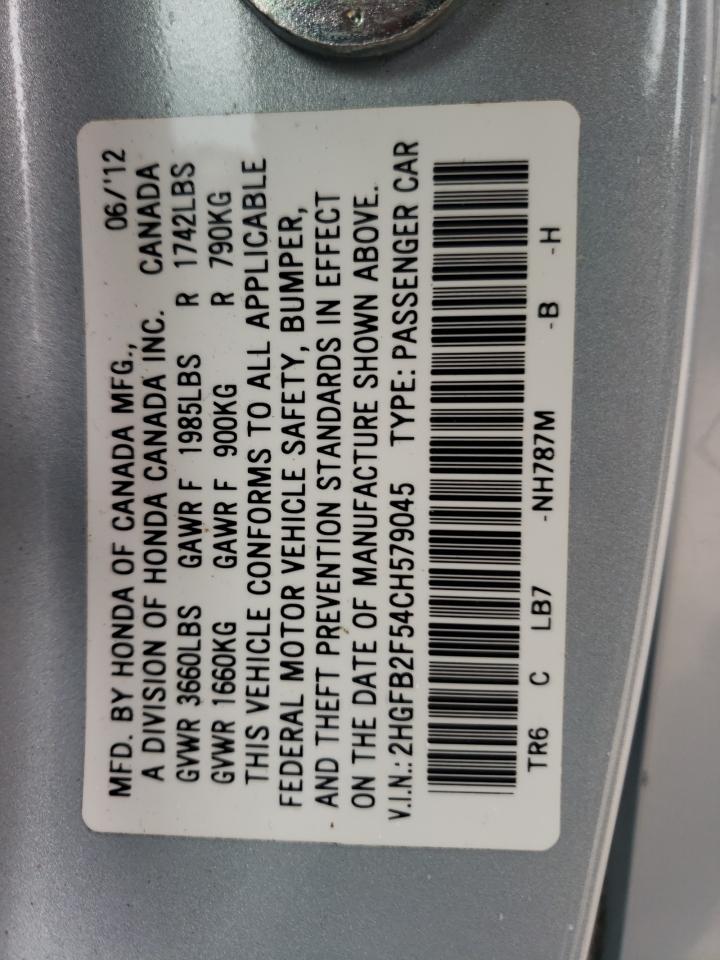 Photo 10 from auction – 2012 HONDA CIVIC LX with VIN 2HGFB2F54CH579045