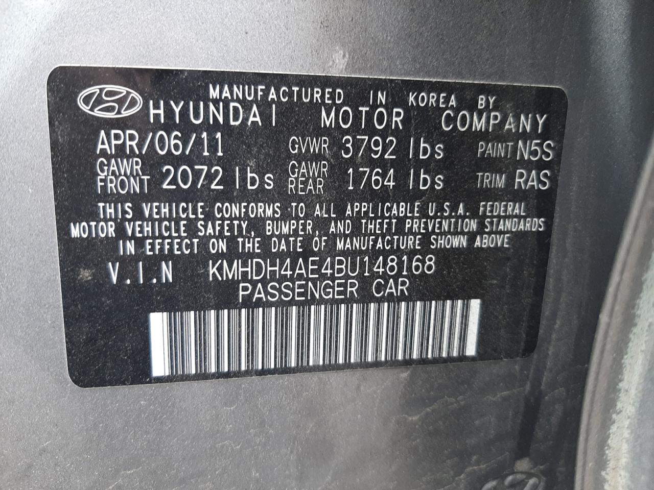 Photo 10 from auction – 2011 HYUNDAI ELANTRA GL with VIN KMHDH4AE4BU148168