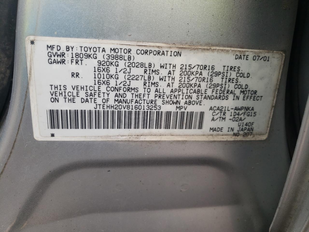 Photo 10 from auction – 2001 TOYOTA RAV4 with VIN JTEHH20V816013253