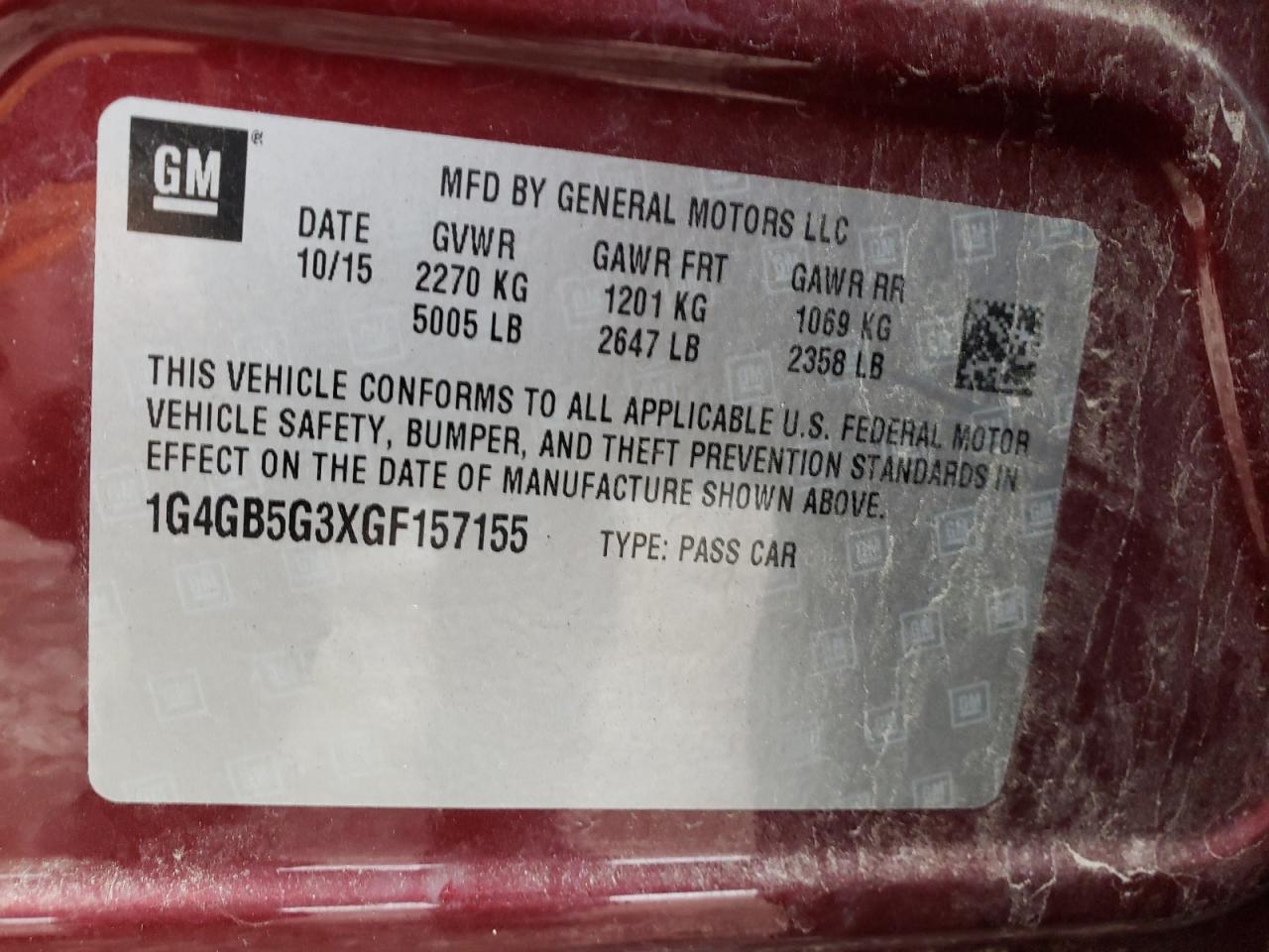 Photo 10 from auction – 2016 BUICK LACROSSE with VIN 1G4GB5G3XGF157155