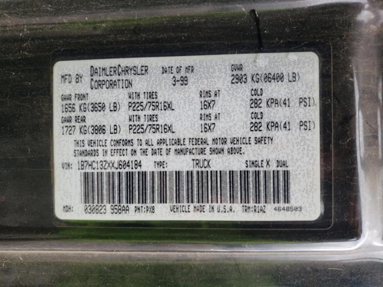 Photo 10 from auction – 1999 DODGE 1500 with VIN 1B7HC13ZXXJ604184