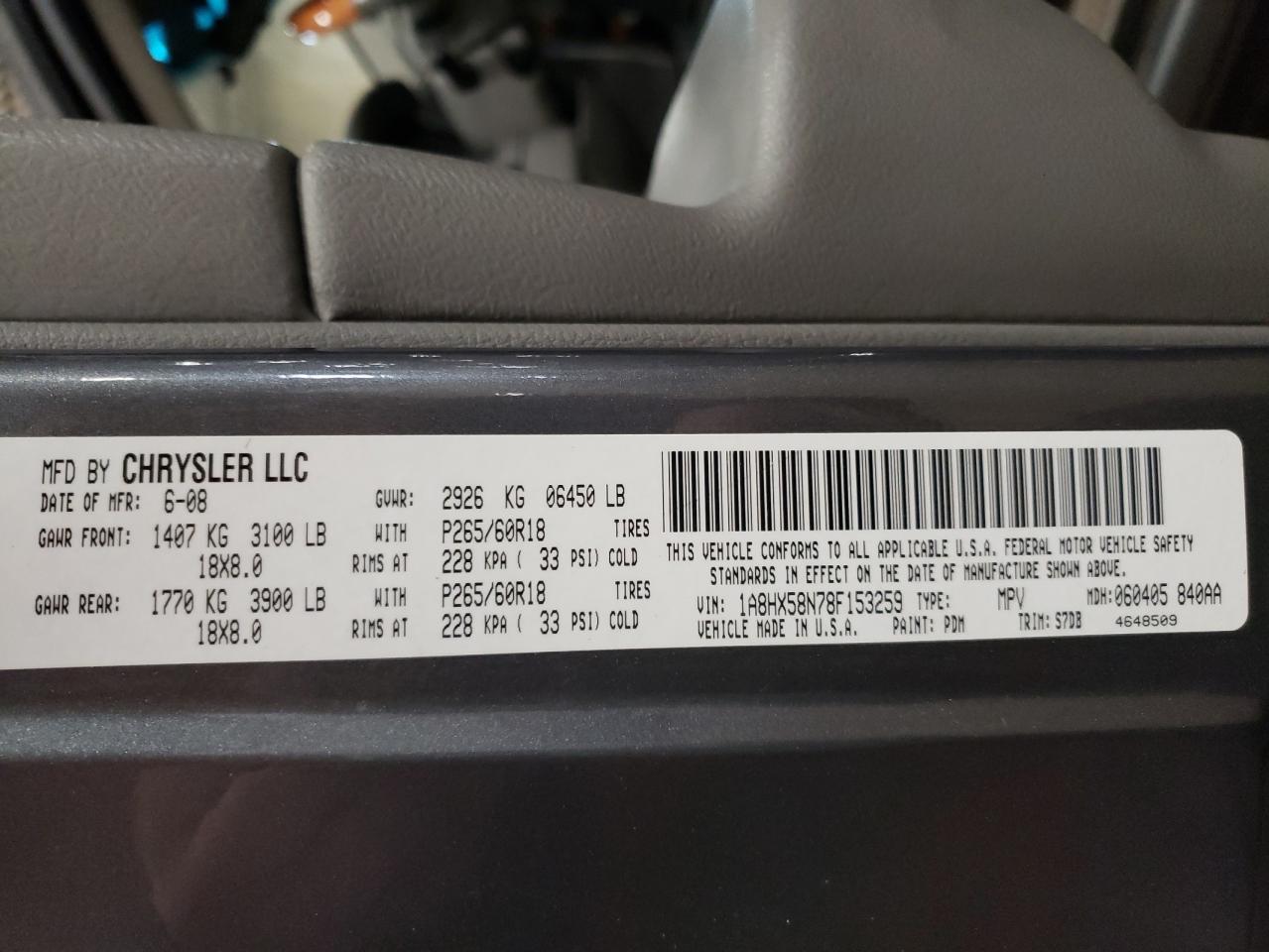 Photo 10 from auction – 2008 CHRYSLER ASPEN LIMI with VIN 1A8HX58N78F153259