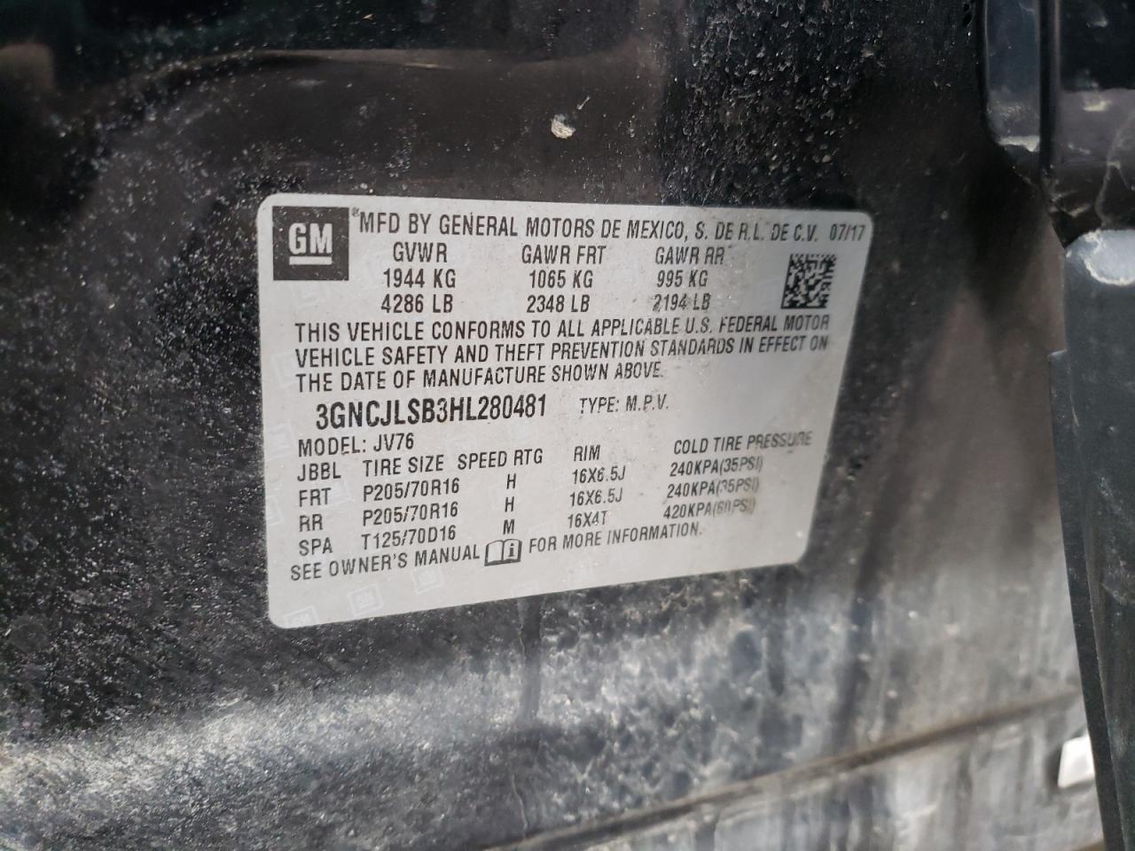 Photo 10 from auction – 2017 CHEVROLET TRAX 1LT with VIN 3GNCJLSB3HL280481