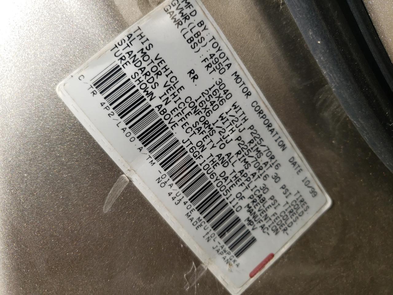 Photo 10 from auction – 2000 LEXUS RX 300 with VIN JT6GF10U6Y0051110