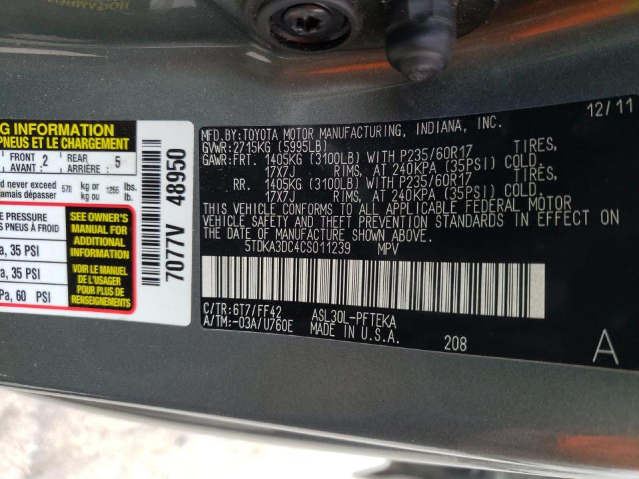 Photo 10 from auction – 2012 TOYOTA SIENNA BAS with VIN 5TDKA3DC4CS011239