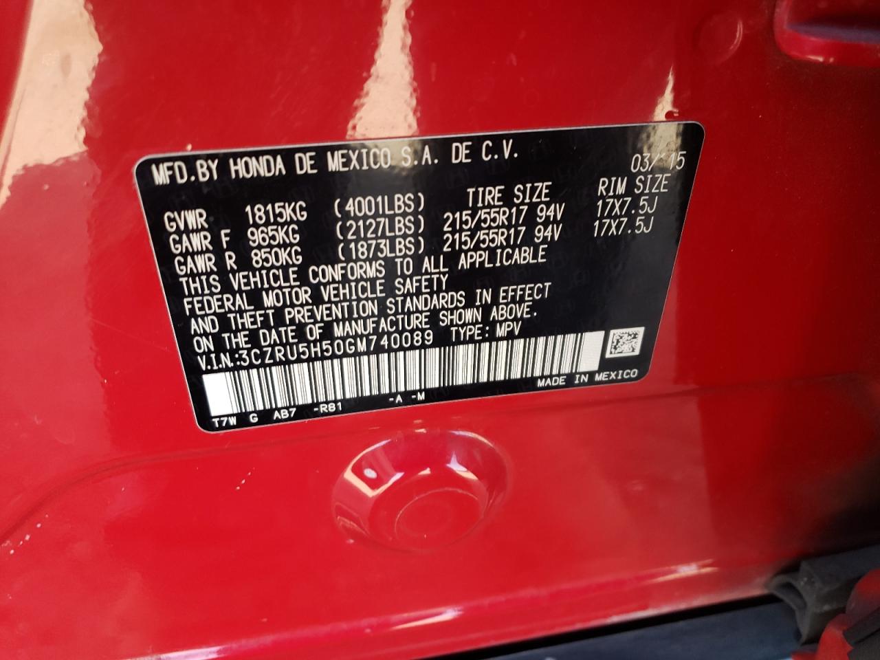 Photo 10 from auction – 2016 HONDA HR-V EX with VIN 3CZRU5H50GM740089